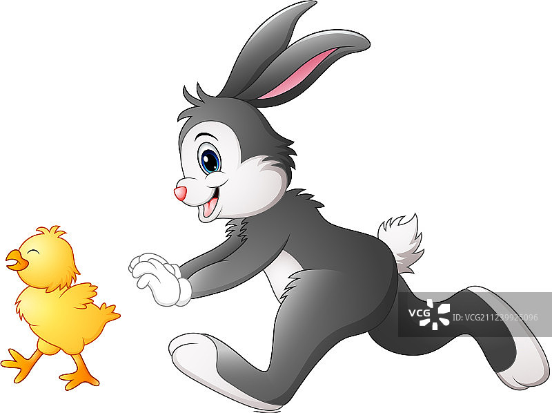 快乐的兔子和小鸡在公园里玩耍图片素材