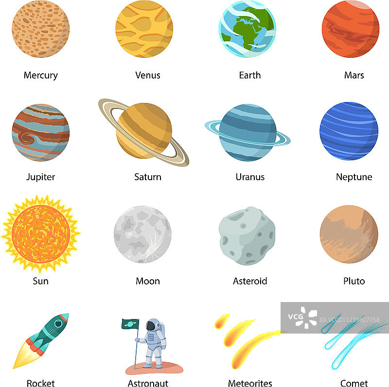 扁平风格的太空星球图标集图片素材