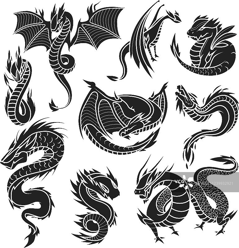 白色背景上的中国龙剪影图片素材