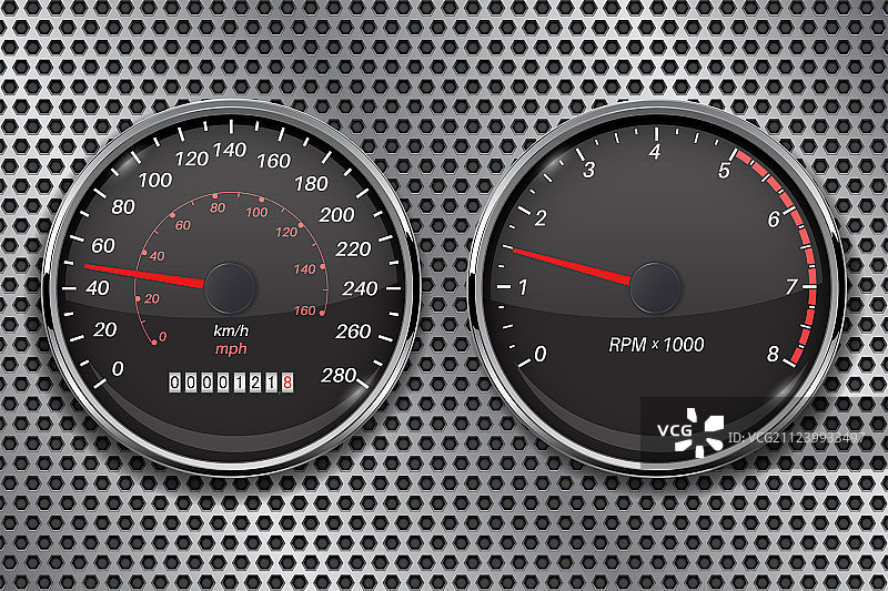 金属穿孔上的车速表和转速表图片素材