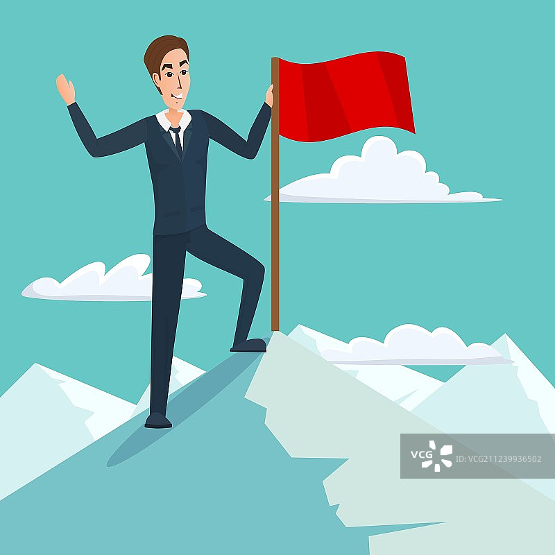 站在山顶峰手持旗帜的成功商人图片素材