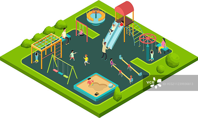 在儿童游乐场与父母一起玩耍的儿童图片素材