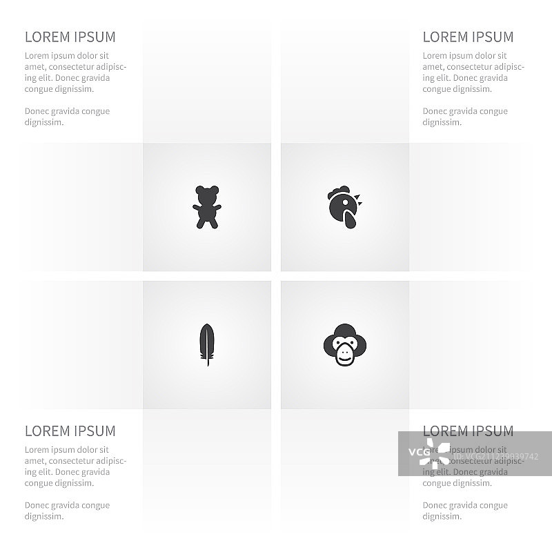 卷尾猴、公鸡和齿轮动物图标集图片素材