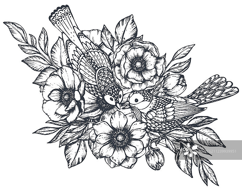 手绘银莲花花卉组合图片素材