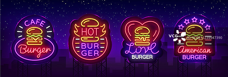 汉堡咖啡馆霓虹灯标志快餐汉堡套餐图片素材