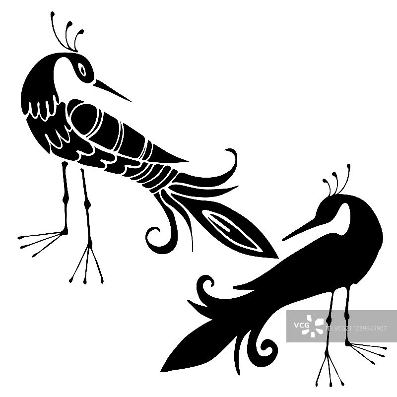 黑白风格的鸟类和花卉图片素材