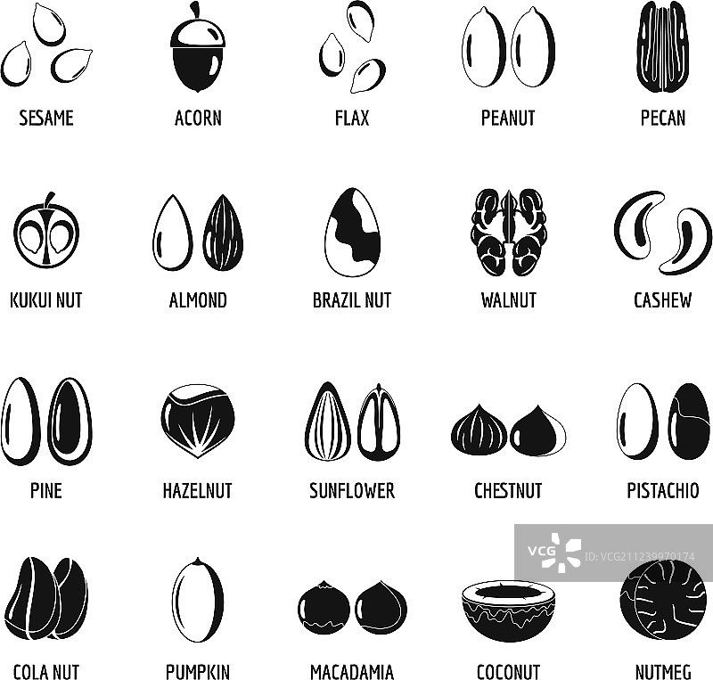 带签名名称的坚果种类图标集图片素材