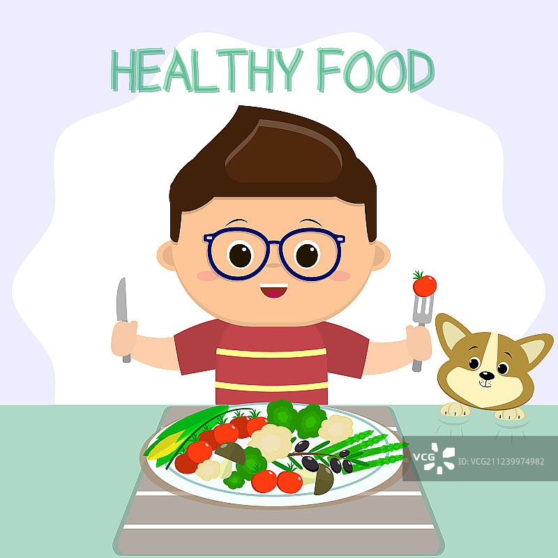 戴眼镜的男孩坐在桌旁，桌上放着盘子图片素材