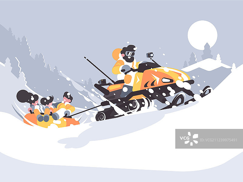 驾驶雪地摩托带着孩子的男人图片素材