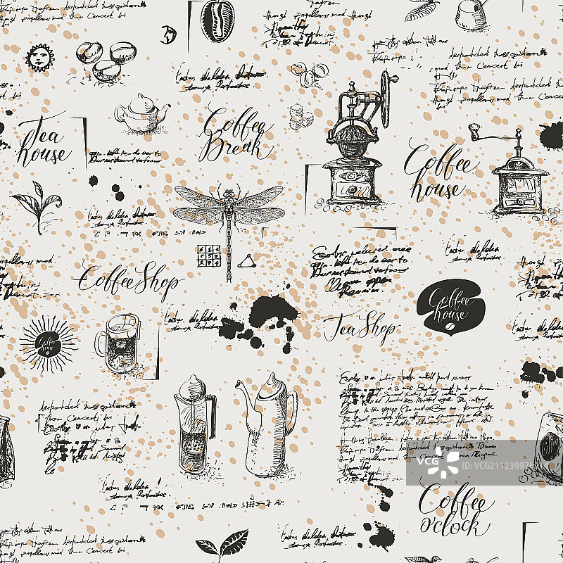 咖啡和茶主题做旧无缝背景图片素材