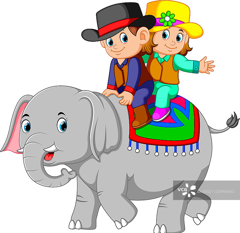 孩子们快乐地骑着可爱的大象图片素材