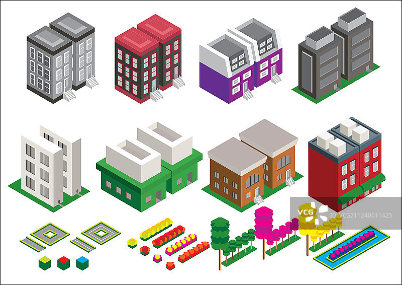 2.5D摩天大楼公园元素素材图片素材