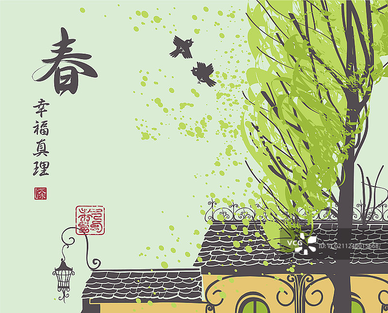 有屋顶树木和鸟类的中国春天风景图片素材