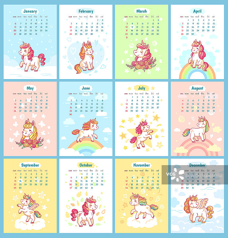 儿童用可爱魔法独角兽2019年日历图片素材