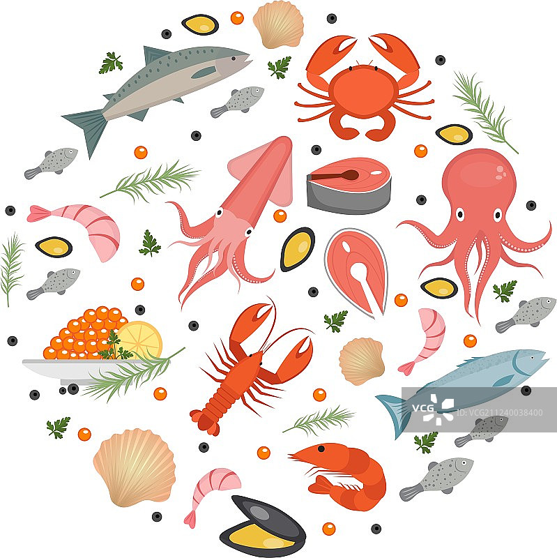 圆形扁平风格海鲜图标图片素材