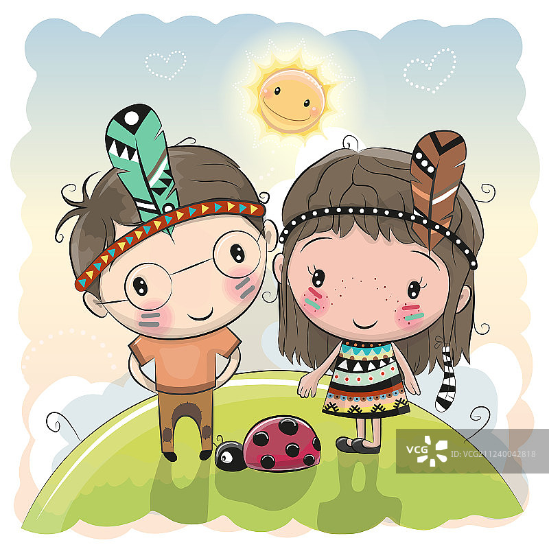 带羽毛的可爱卡通部落女孩和男孩图片素材