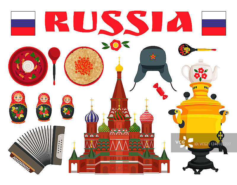俄罗斯传统美食与娱乐图标集图片素材