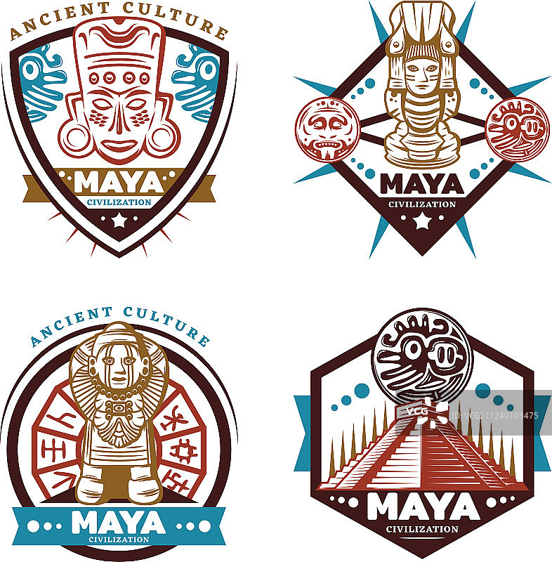 复古彩色玛雅文明徽章套装图片素材