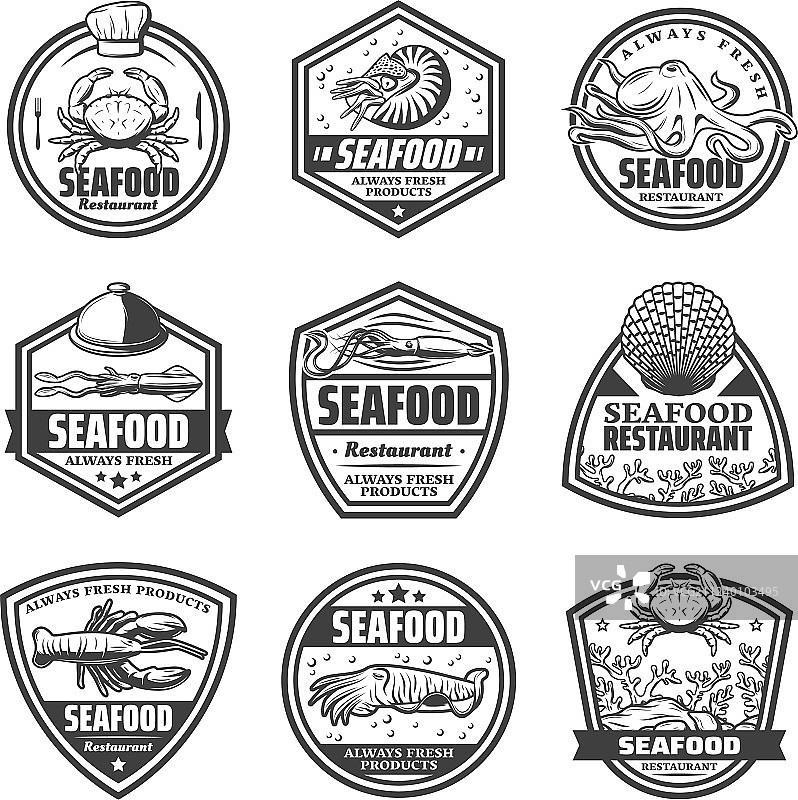 复古单色海鲜标签合集图片素材