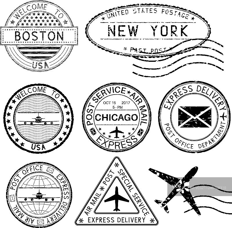 美国城市邮戳和旅行邮票图片素材
