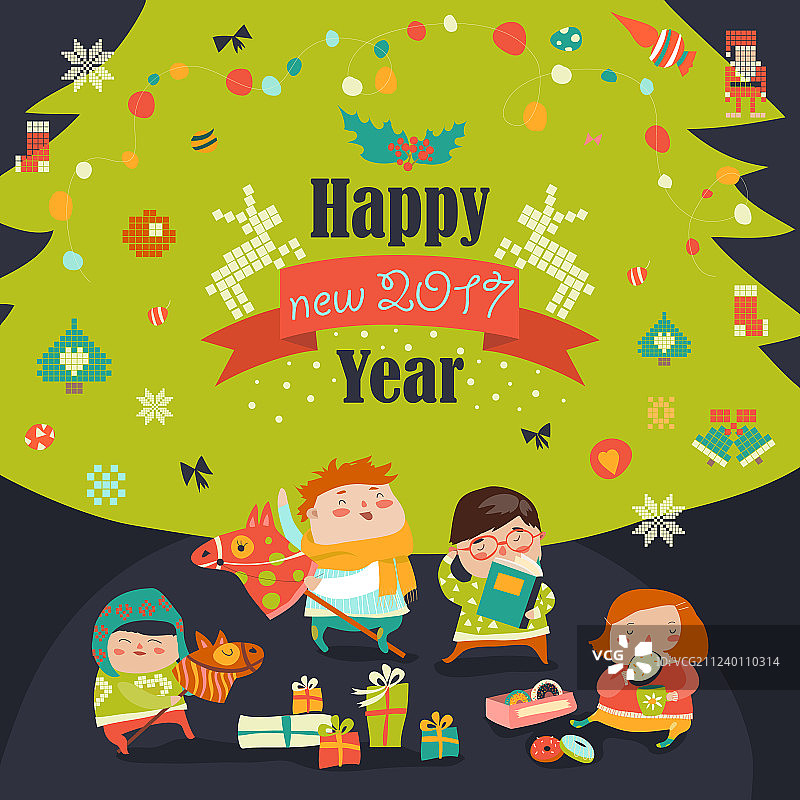 一群儿童和圣诞树图片素材