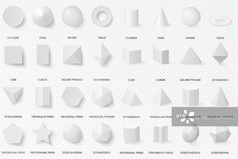 顶部和正面视角的逼真白色基础3D形状图片素材