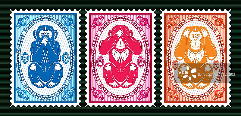 带有三只猴子的三色模板图片素材