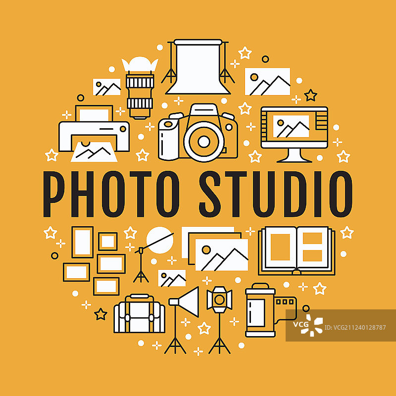 摄影器材海报与扁平线条图标图片素材