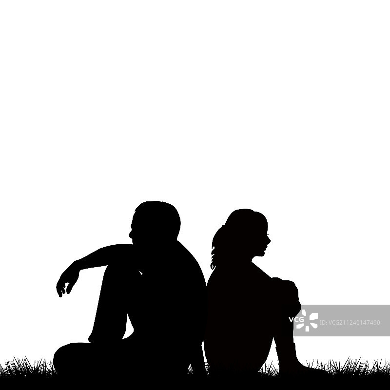 悲伤情侣背靠背坐着的轮廓剪影图片素材