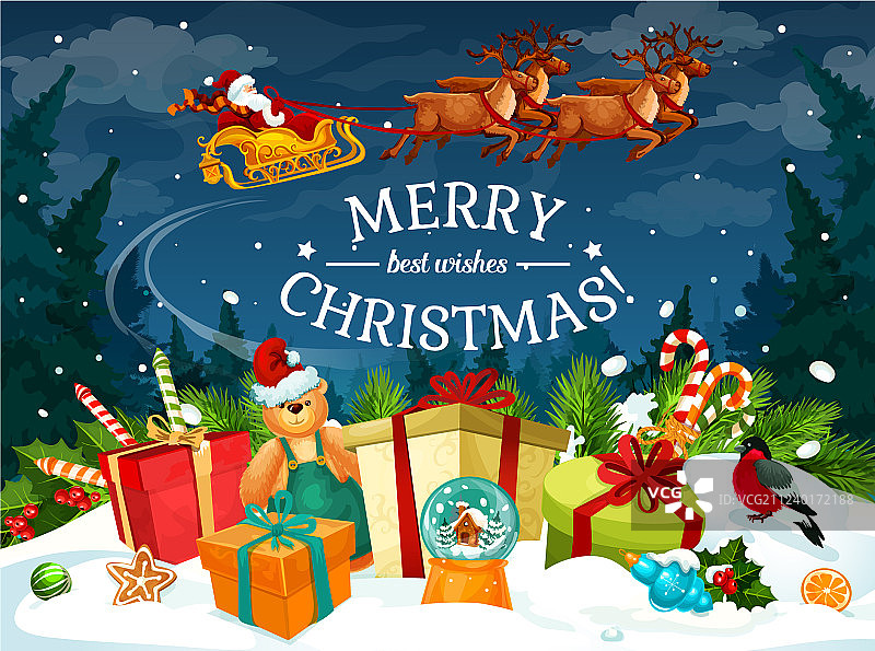 圣诞礼物圣诞老人雪橇贺卡图片素材