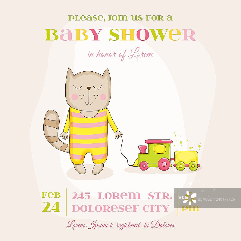 抱着火车的女婴猫 - 婴儿送礼会贺卡图片素材