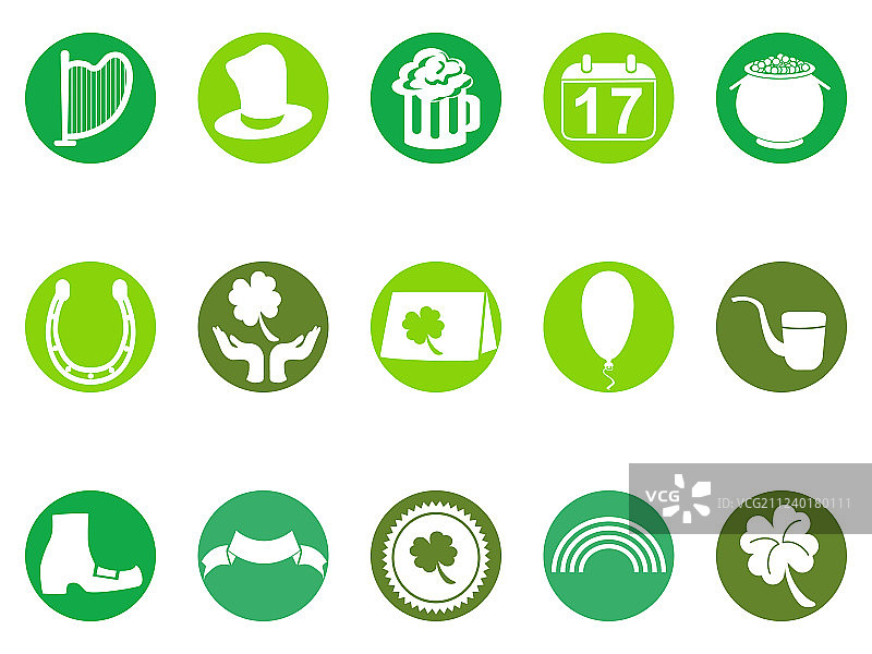 绿色圆形圣帕特里克节按钮图标集图片素材