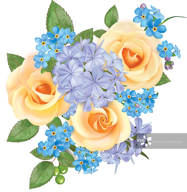 玫瑰、蓝色勿忘我和福禄考花束图片素材