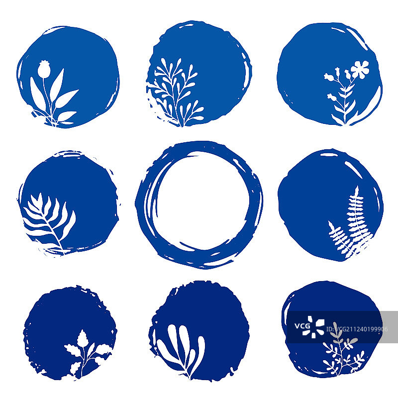 蓝色水彩花卉墨迹图标套装图片素材
