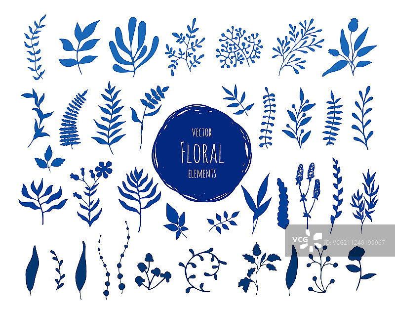 手绘墨水花卉元素合集图片素材