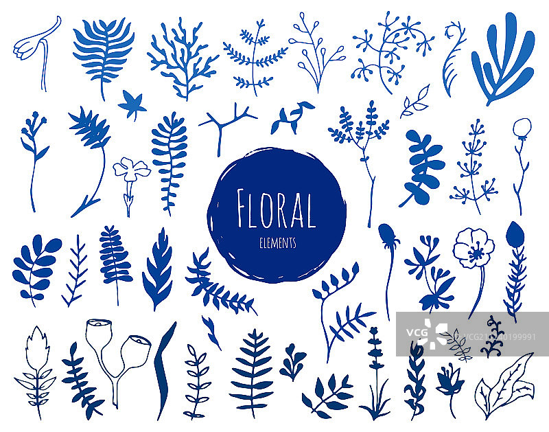 手绘墨水花卉元素合集图片素材