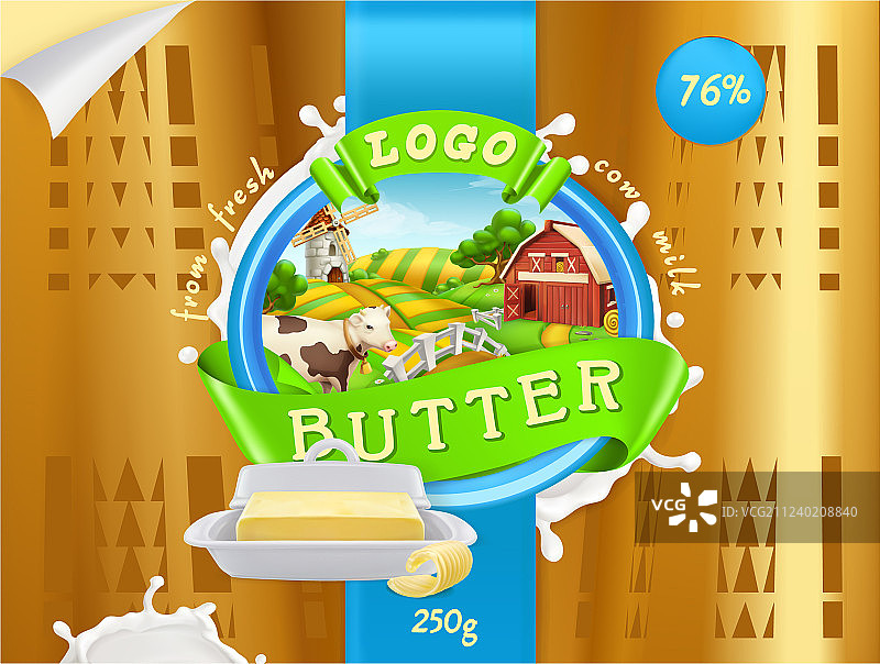 3D牛奶农场逼真黄油包装设计图片素材