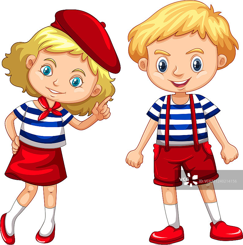 穿着蓝色条纹衬衫的男孩和女孩图片素材