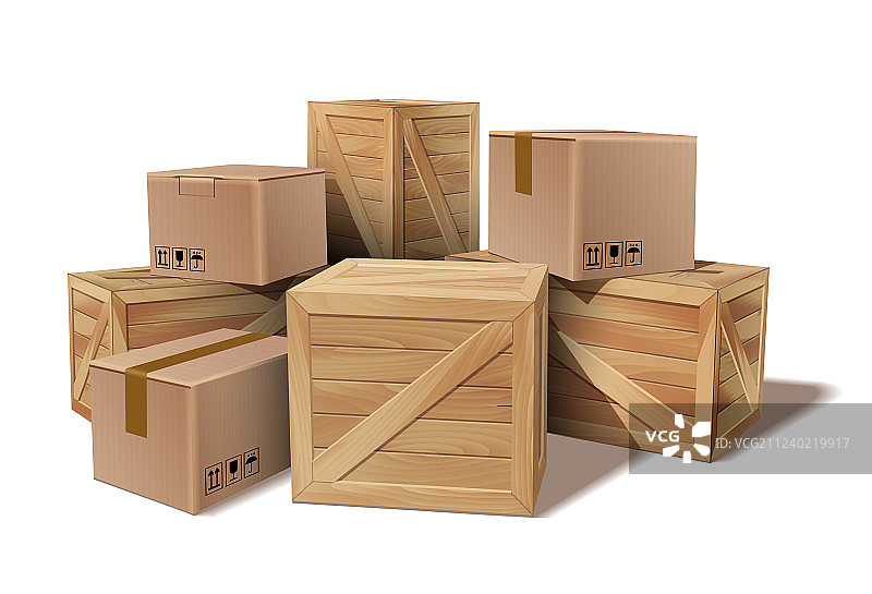 堆叠的纸箱和木箱图片素材