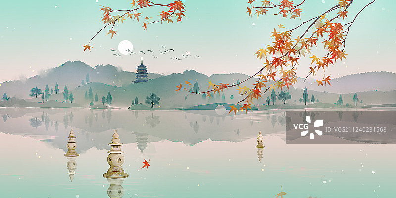 杭州西湖十景三潭印月图片素材