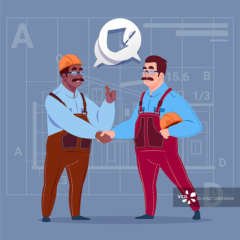 两个混血建筑工人握手达成协议图片素材