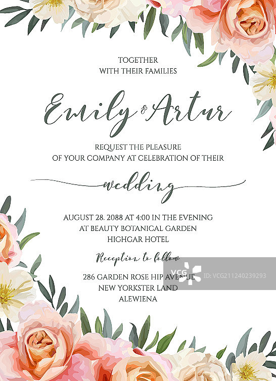 可爱花卉婚礼请柬设计图片素材