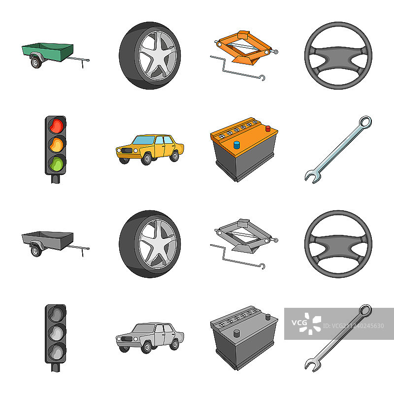 交通信号灯、旧汽车、电瓶扳手汽车套件图片素材
