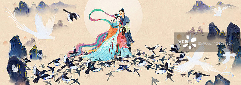 牛郎织女鹊桥相会插画图片素材