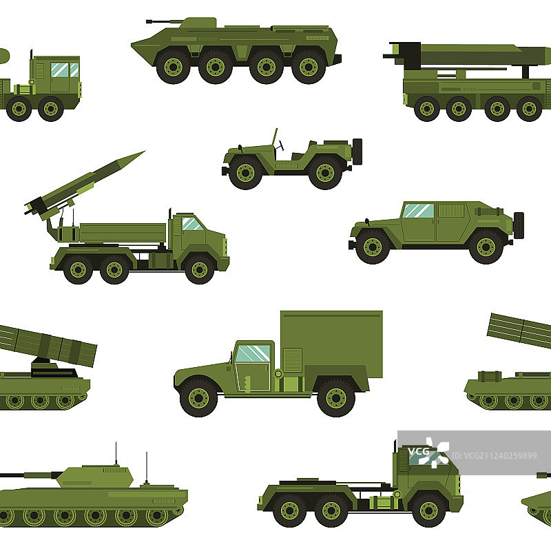 白色背景上的军用运输工具无缝图案图片素材