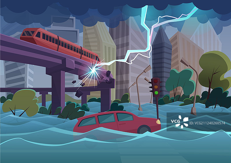 现代城市中的洪水和风暴自然灾害图片素材