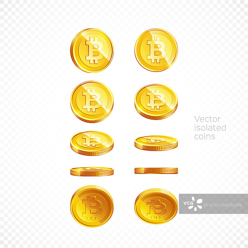 金色比特币硬币孤立背景套装图片素材