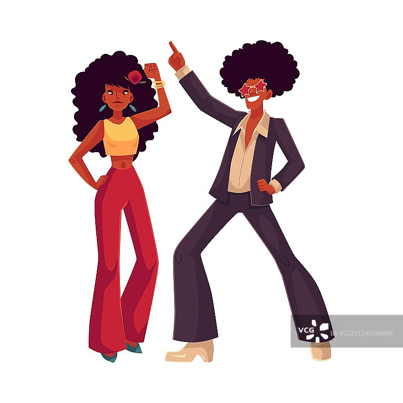 穿着 1970 年代服装跳舞的蓬松发型的男人和女人图片素材