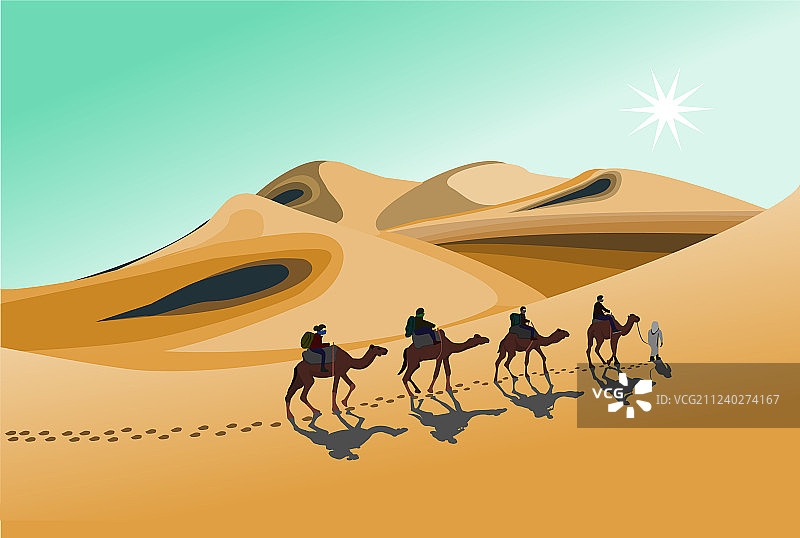 四名骆驼骑手在沙漠中徒步旅行图片素材