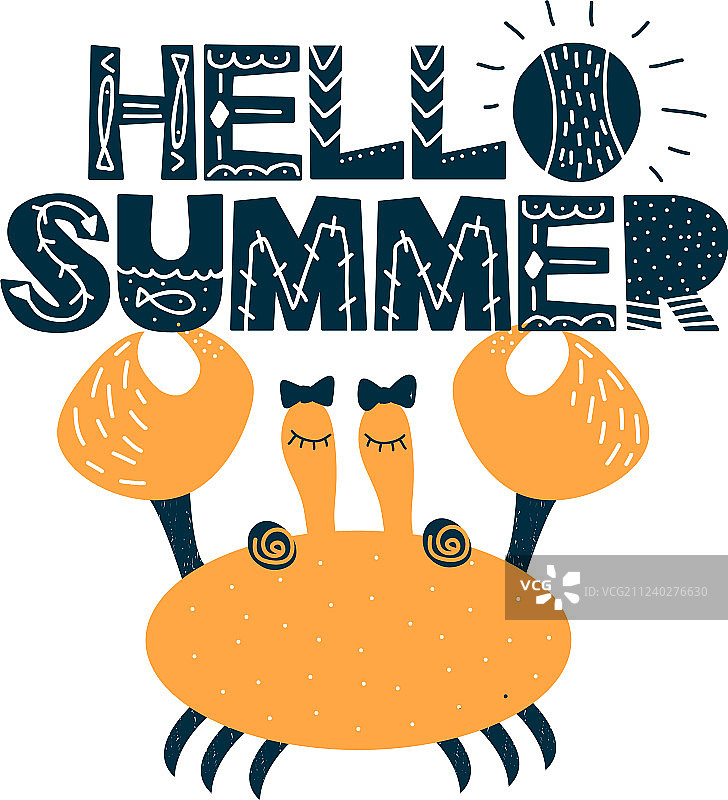 带有“你好夏天”字样和螃蟹图案的卡片图片素材